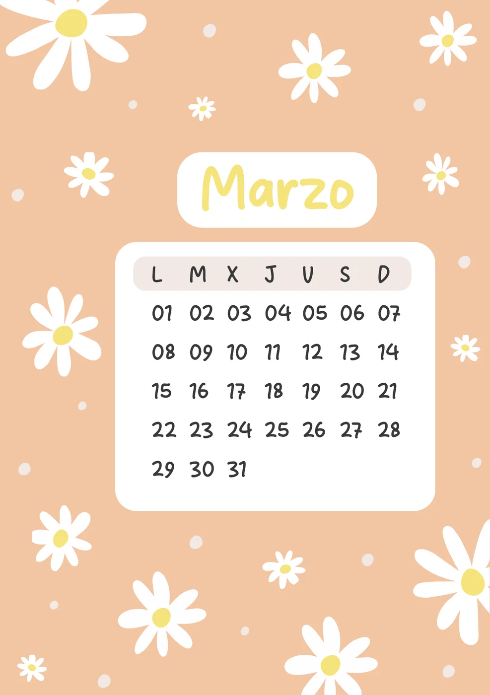 Carátula de Marzo: ilustración a todo color con el calendario del mes