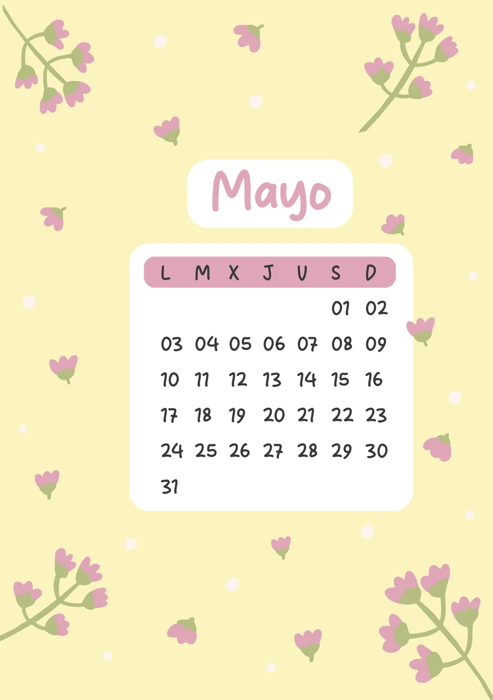 Carátula de Mayo: ilustración a todo color con el calendario del mes