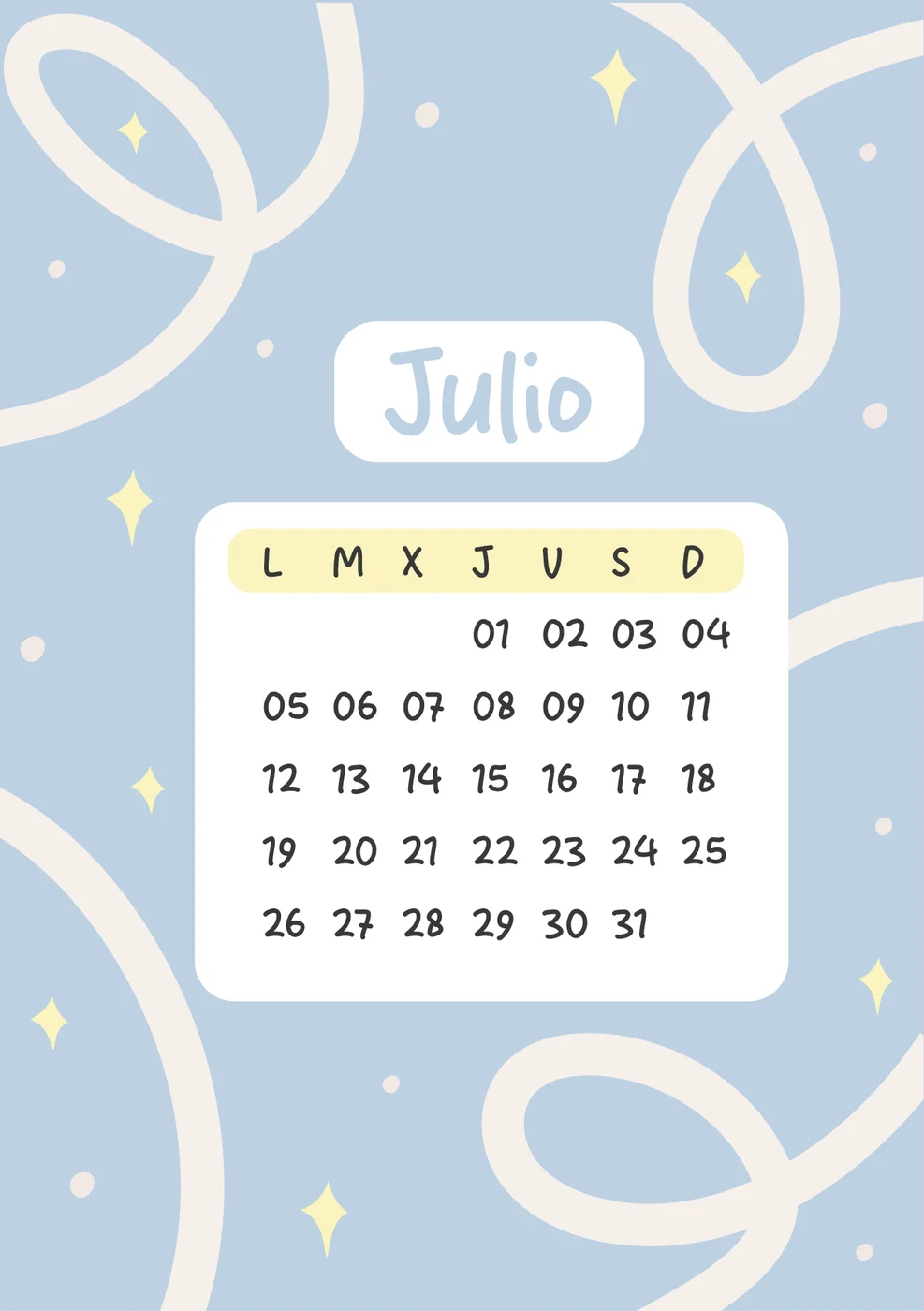 Carátula de Julio: ilustración a todo color con el calendario del mes