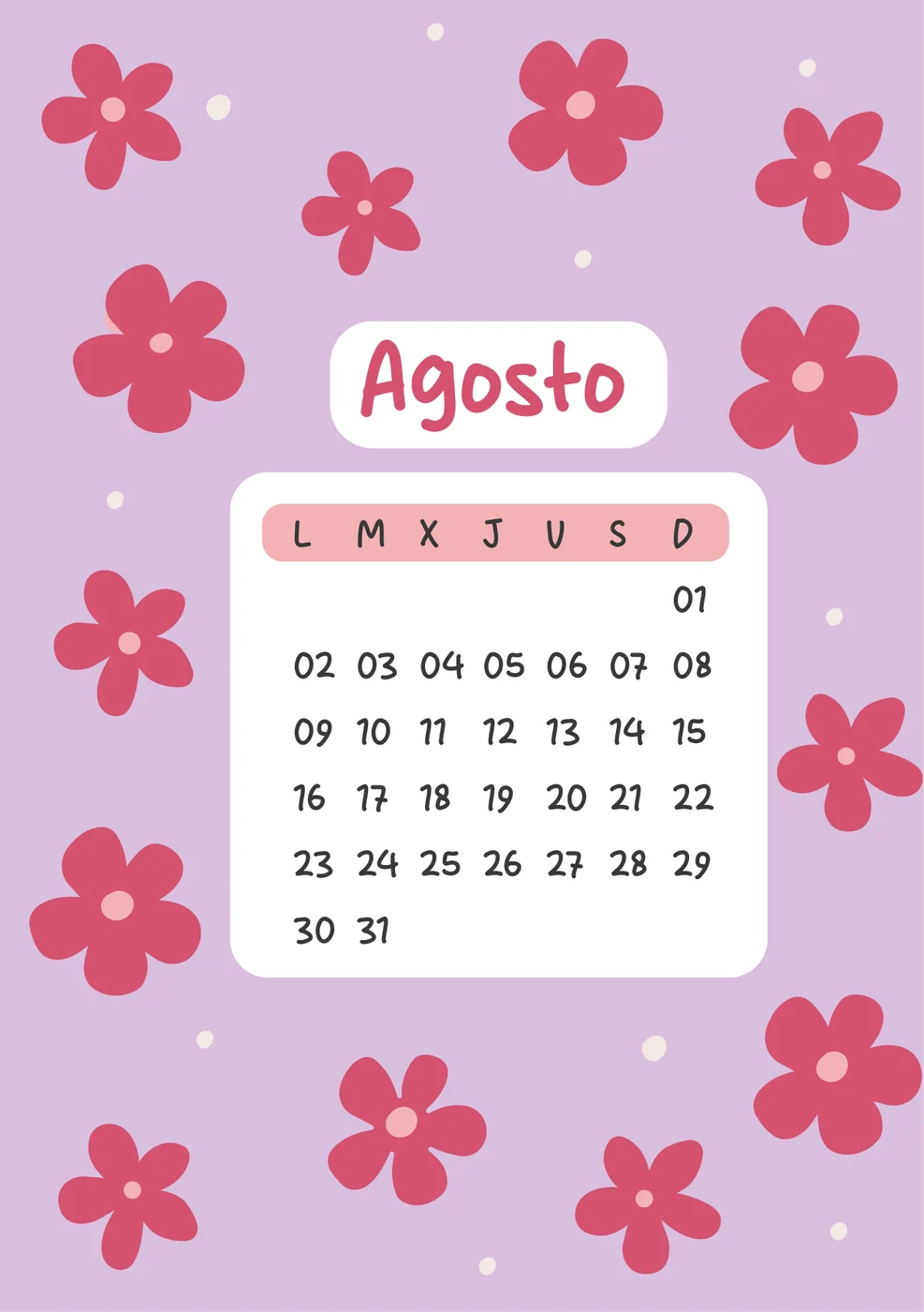 Carátula de Agosto: ilustración a todo color con el calendario del mes