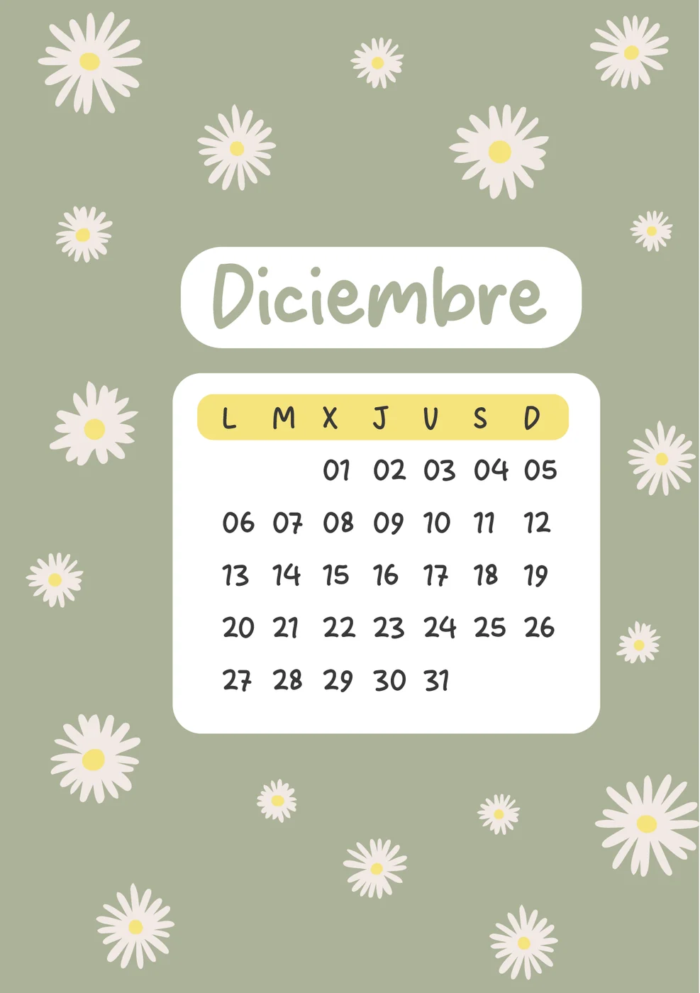 Carátula de Diciembre: ilustración a todo color con el calendario del mes