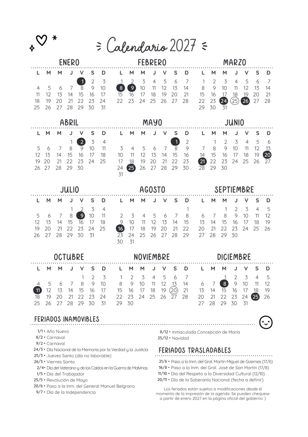 El calendario 2027 del interior, con los feriados marcados