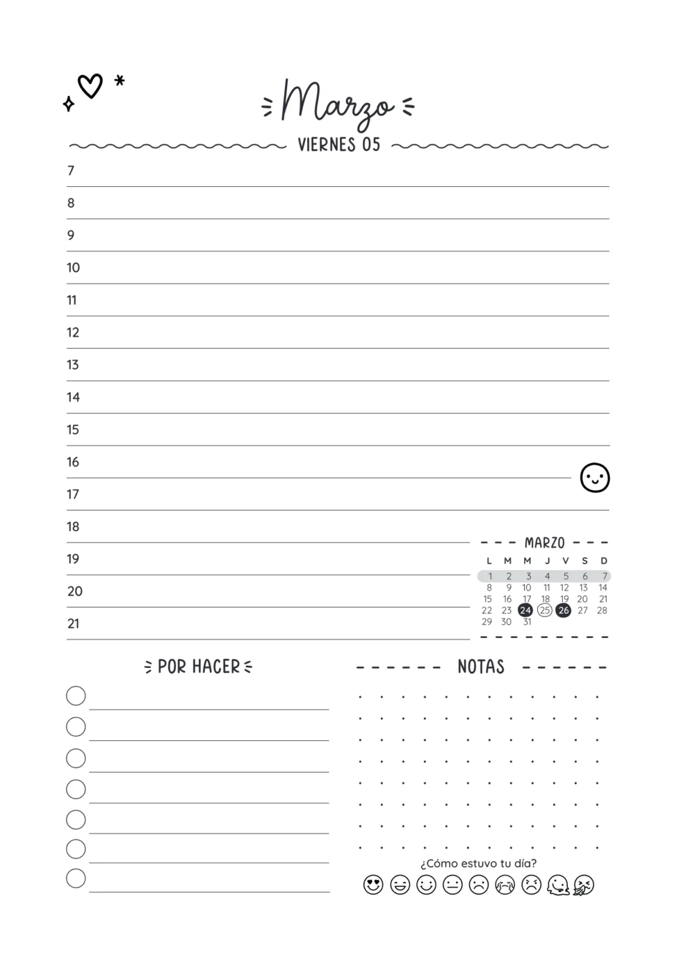 La página del viernes 5 de marzo: horarios, calendario del mes, Por hacer, Notas y ¿Cómo estuvo tu día?