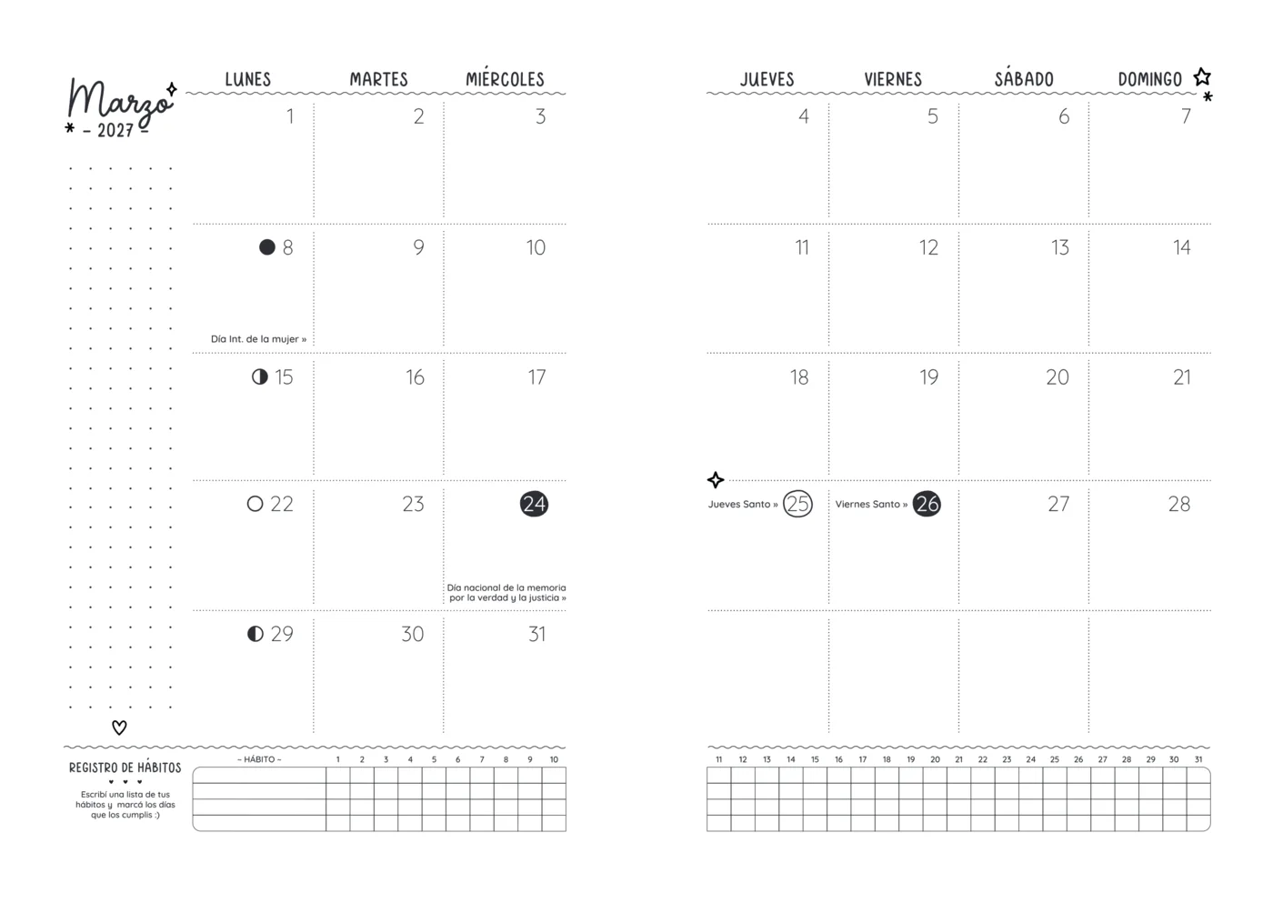 El planificador de marzo en doble página, con los feriados, las fases de la luna y el registro de hábitos